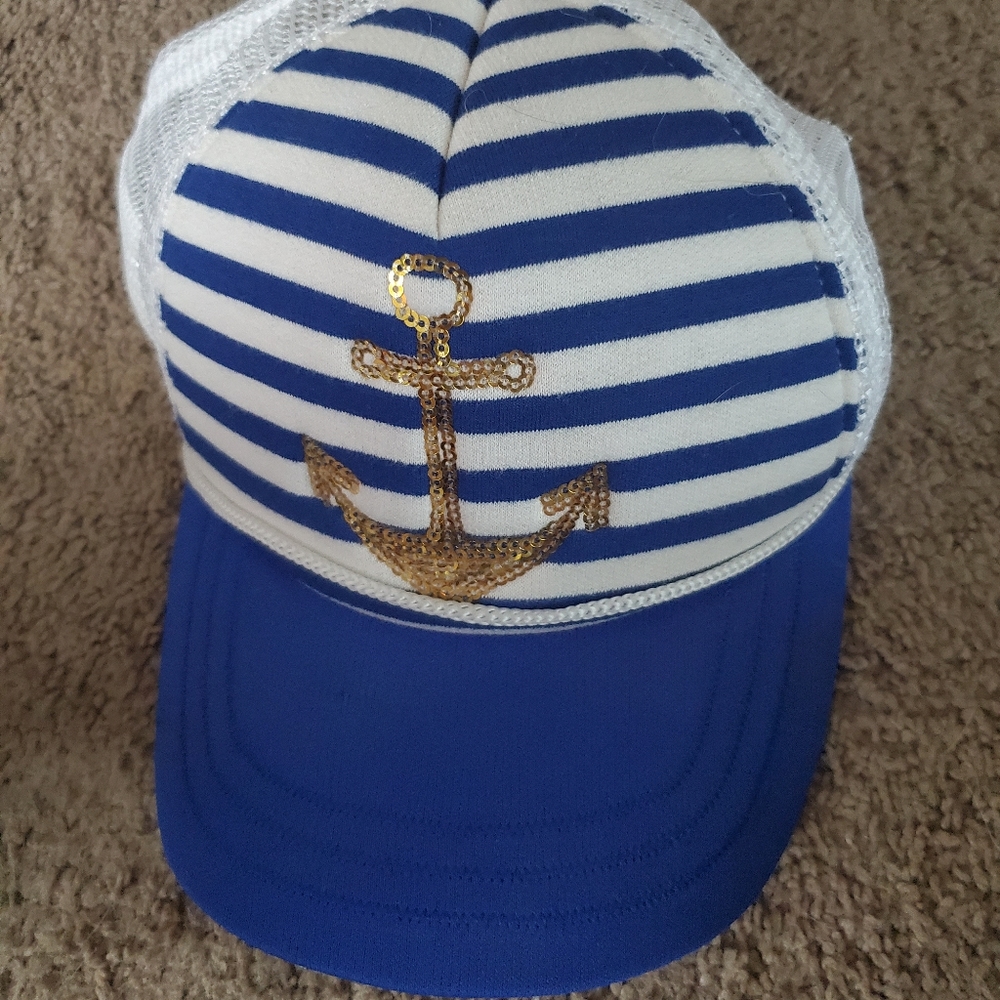 Anchor blue white striped trucker hat adjustable